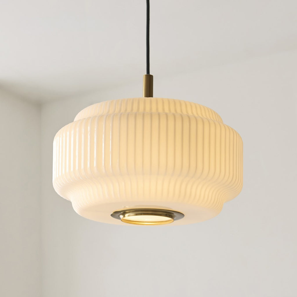 Endon Evora Large Pendant Light in Brushed Aged Brass with Opal Ribbed Glass
