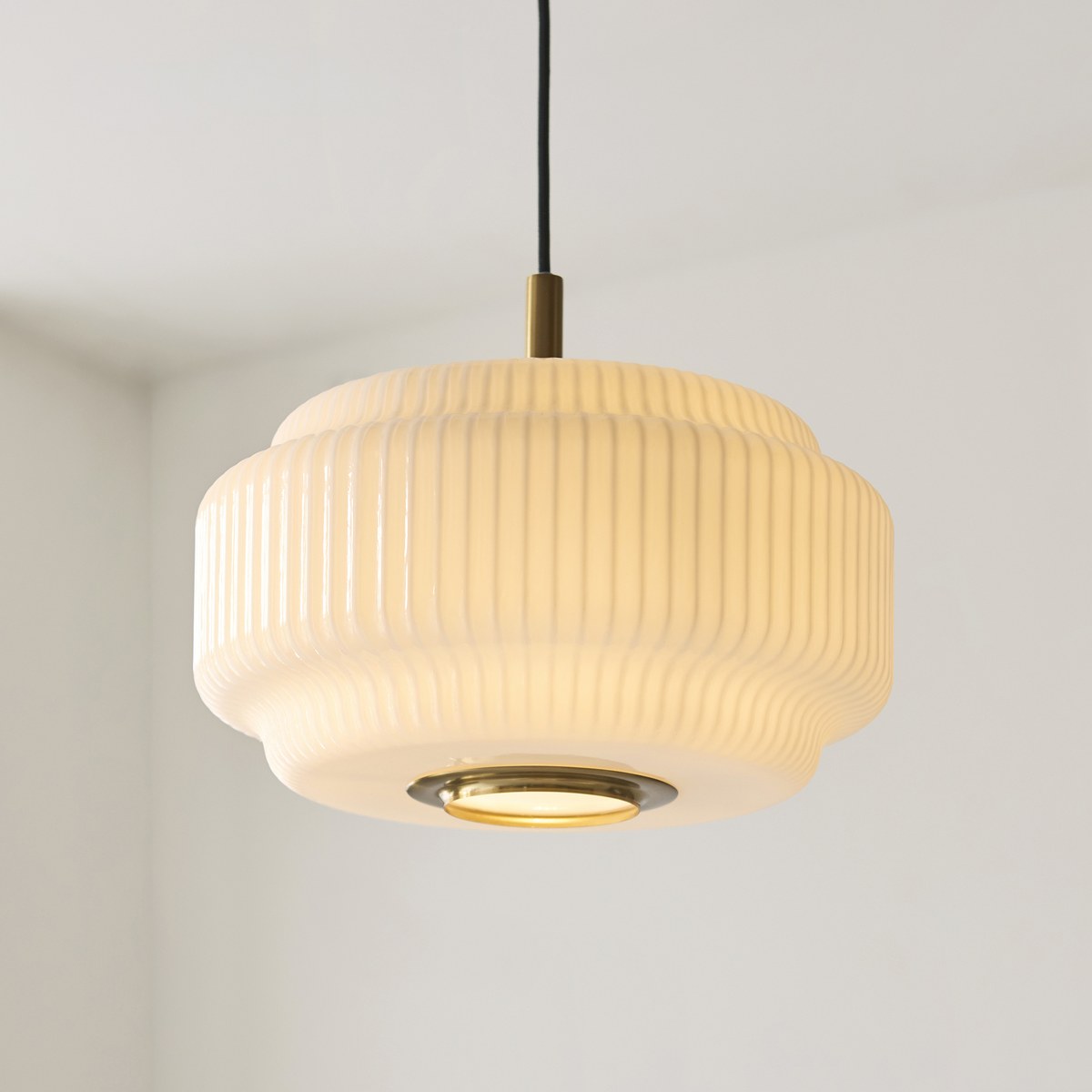 Endon Evora Large Pendant Light in Brushed Aged Brass with Opal Ribbed Glass