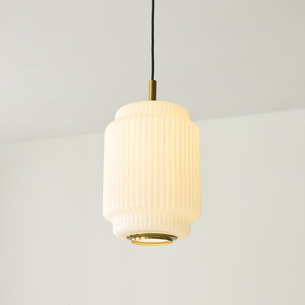 Endon Evora Medium Pendant Light in Brushed Aged Brass with Opal Ribbed Glass