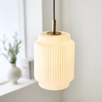 Endon Evora Medium Pendant Light in Brushed Aged Brass with Opal Ribbed Glass