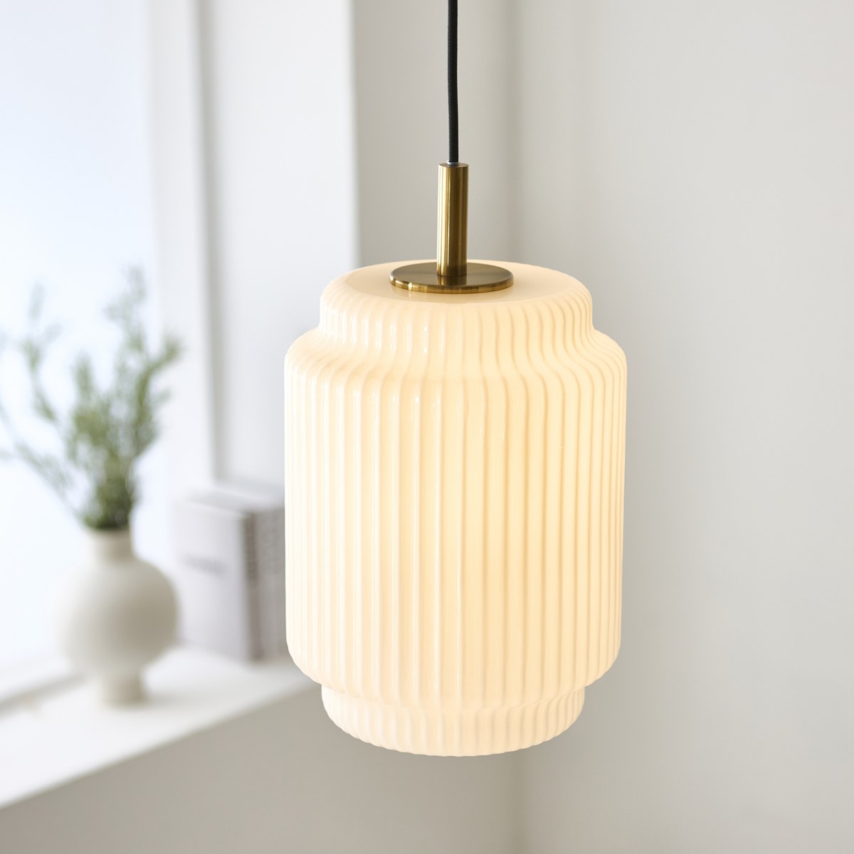 Endon Evora Medium Pendant Light in Brushed Aged Brass with Opal Ribbed Glass