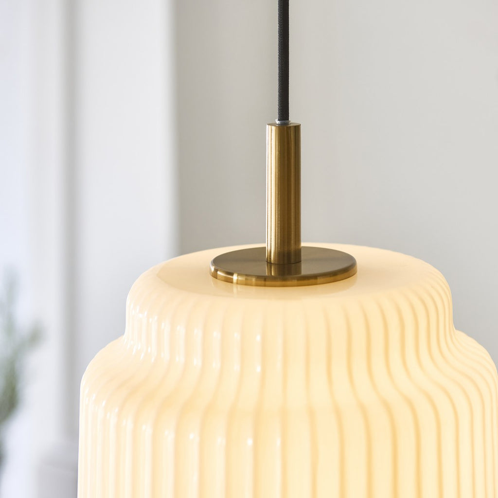 Endon Evora Medium Pendant Light in Brushed Aged Brass with Opal Ribbed Glass