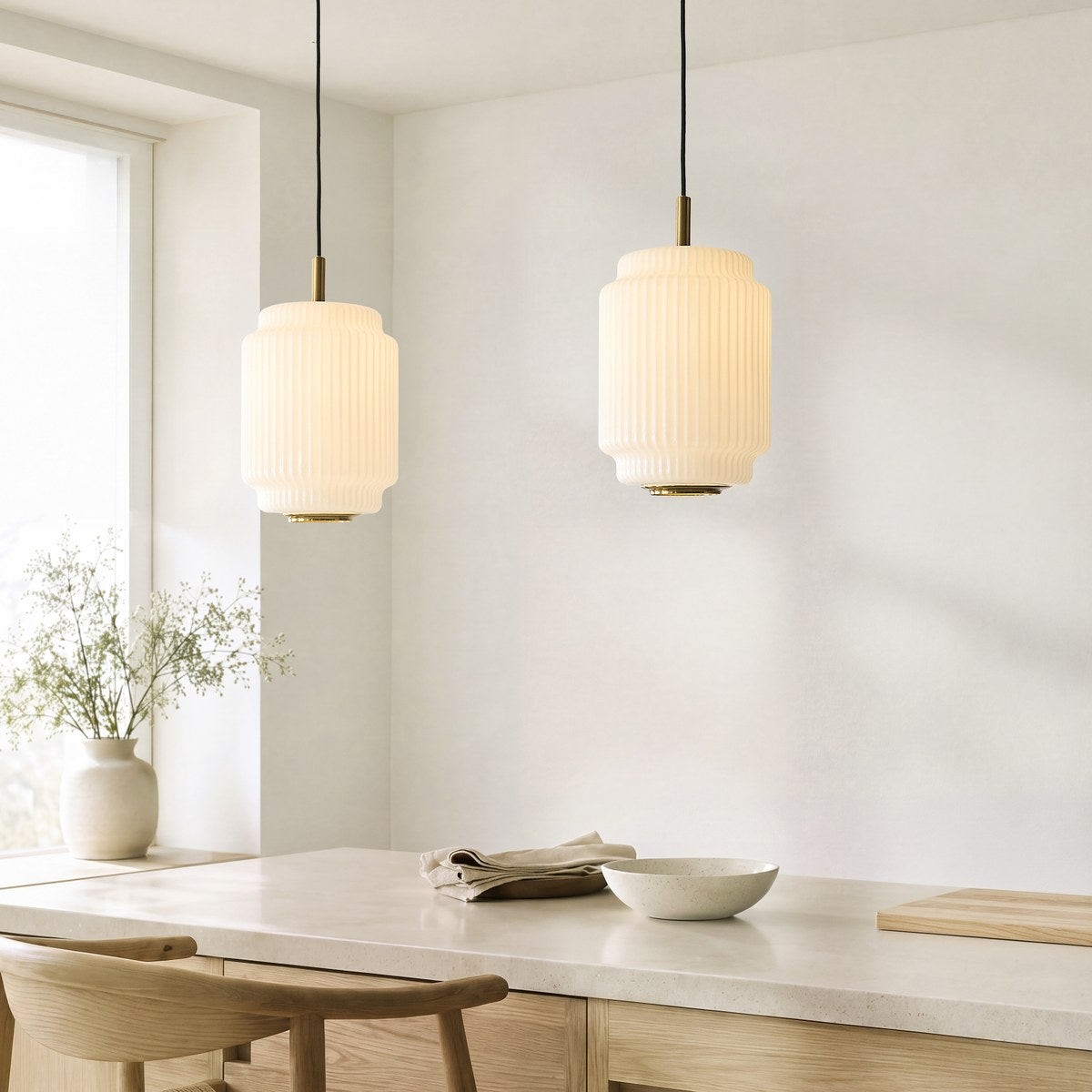 Endon Evora Medium Pendant Light in Brushed Aged Brass with Opal Ribbed Glass