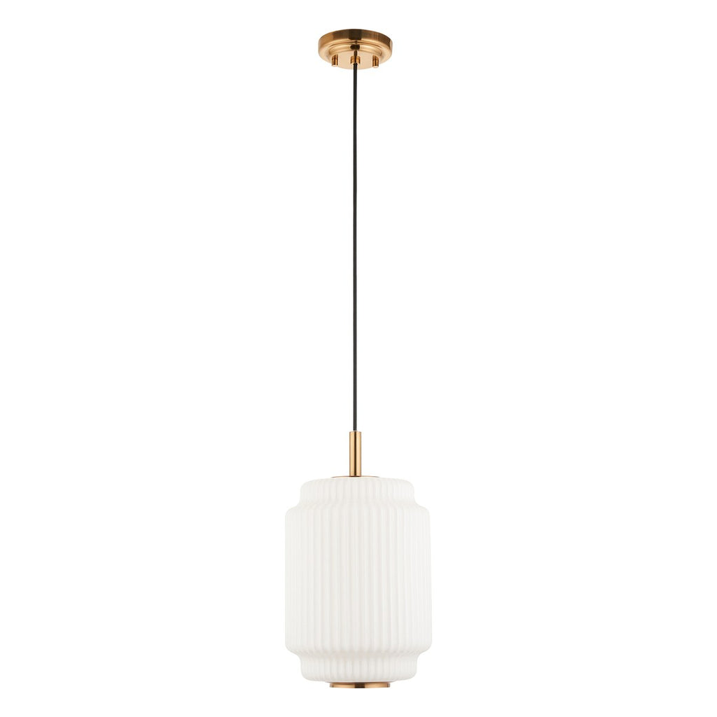 Endon Evora Medium Pendant Light in Brushed Aged Brass with Opal Ribbed Glass
