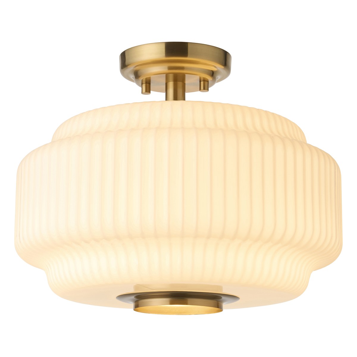 Endon Evora Flush Ceiling Light in Brushed Aged Brass with Opal Ribbed Glass