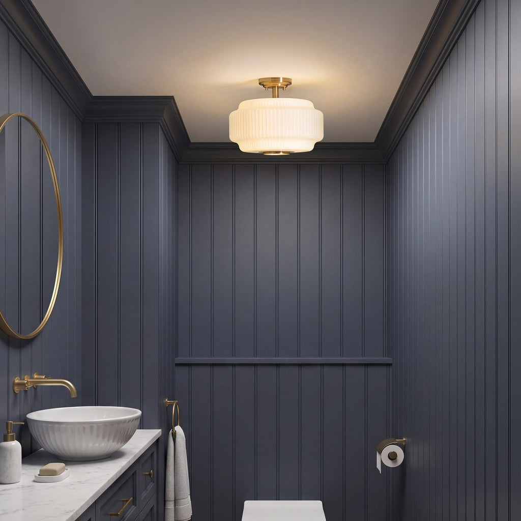 Endon Evora Flush Ceiling Light in Brushed Aged Brass with Opal Ribbed Glass