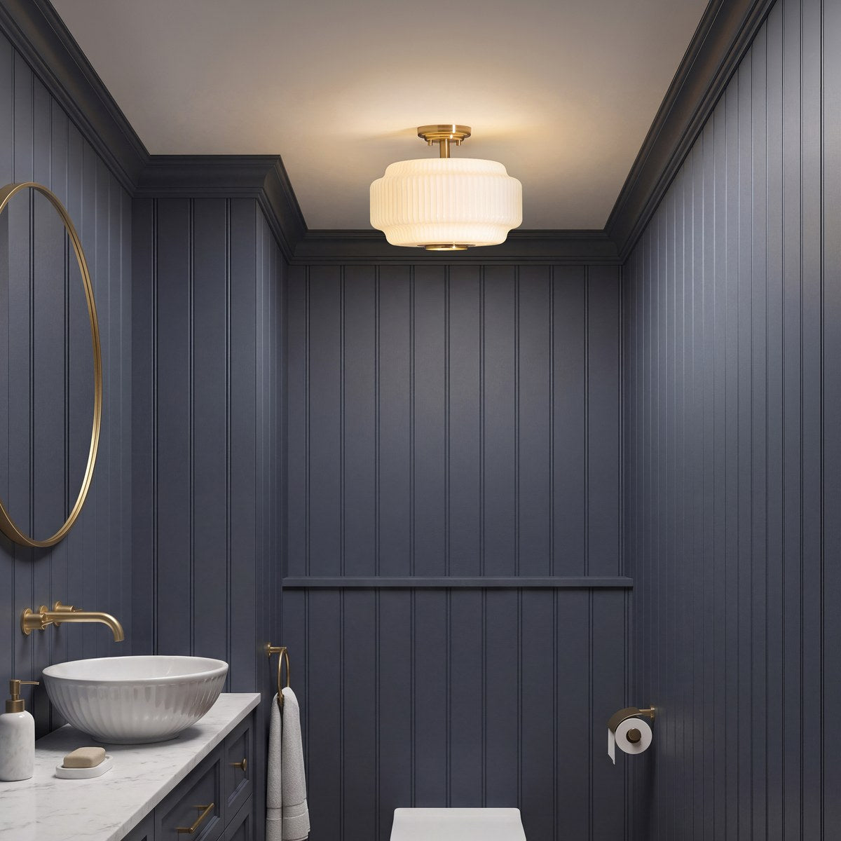 Endon Evora Flush Ceiling Light in Brushed Aged Brass with Opal Ribbed Glass