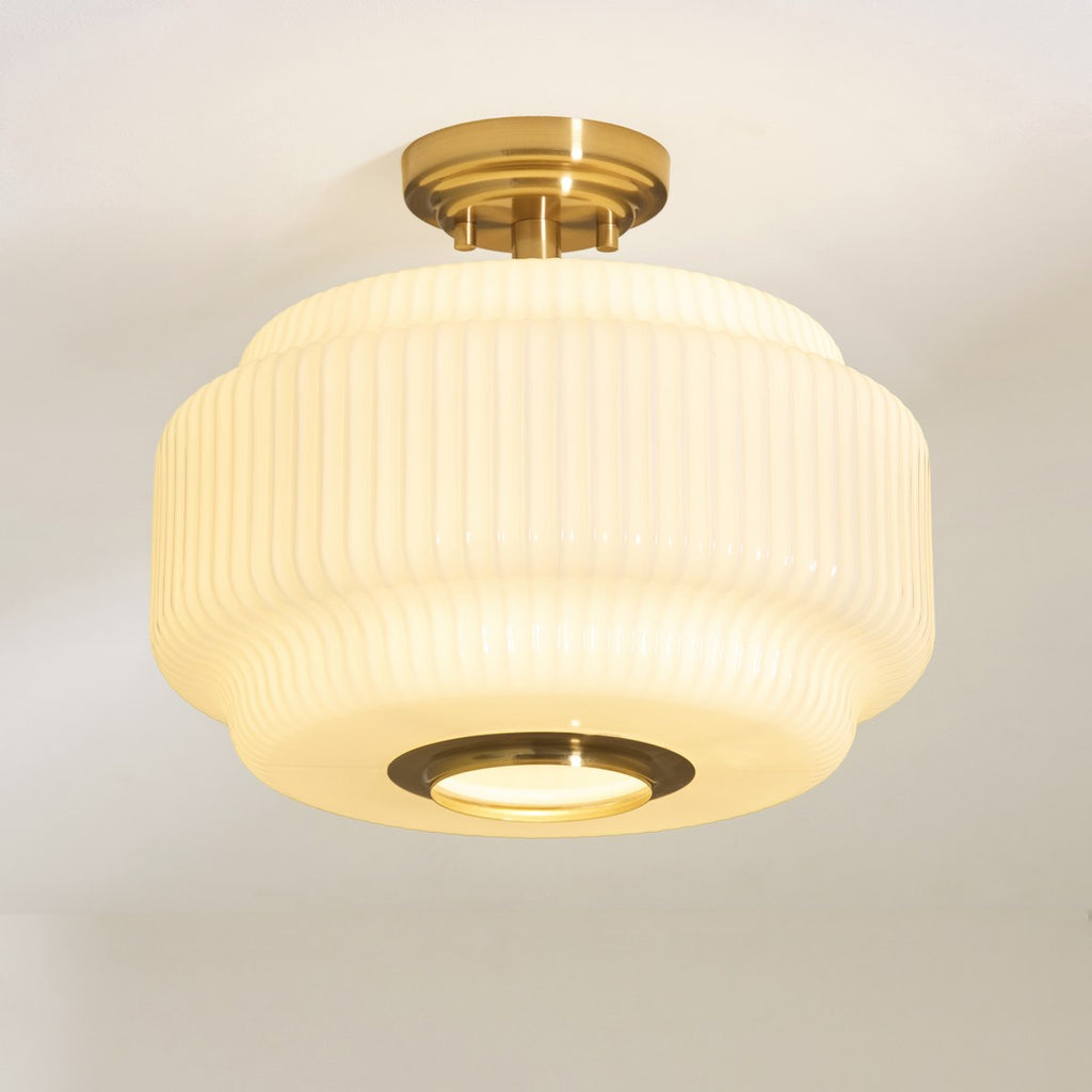 Endon Evora Flush Ceiling Light in Brushed Aged Brass with Opal Ribbed Glass