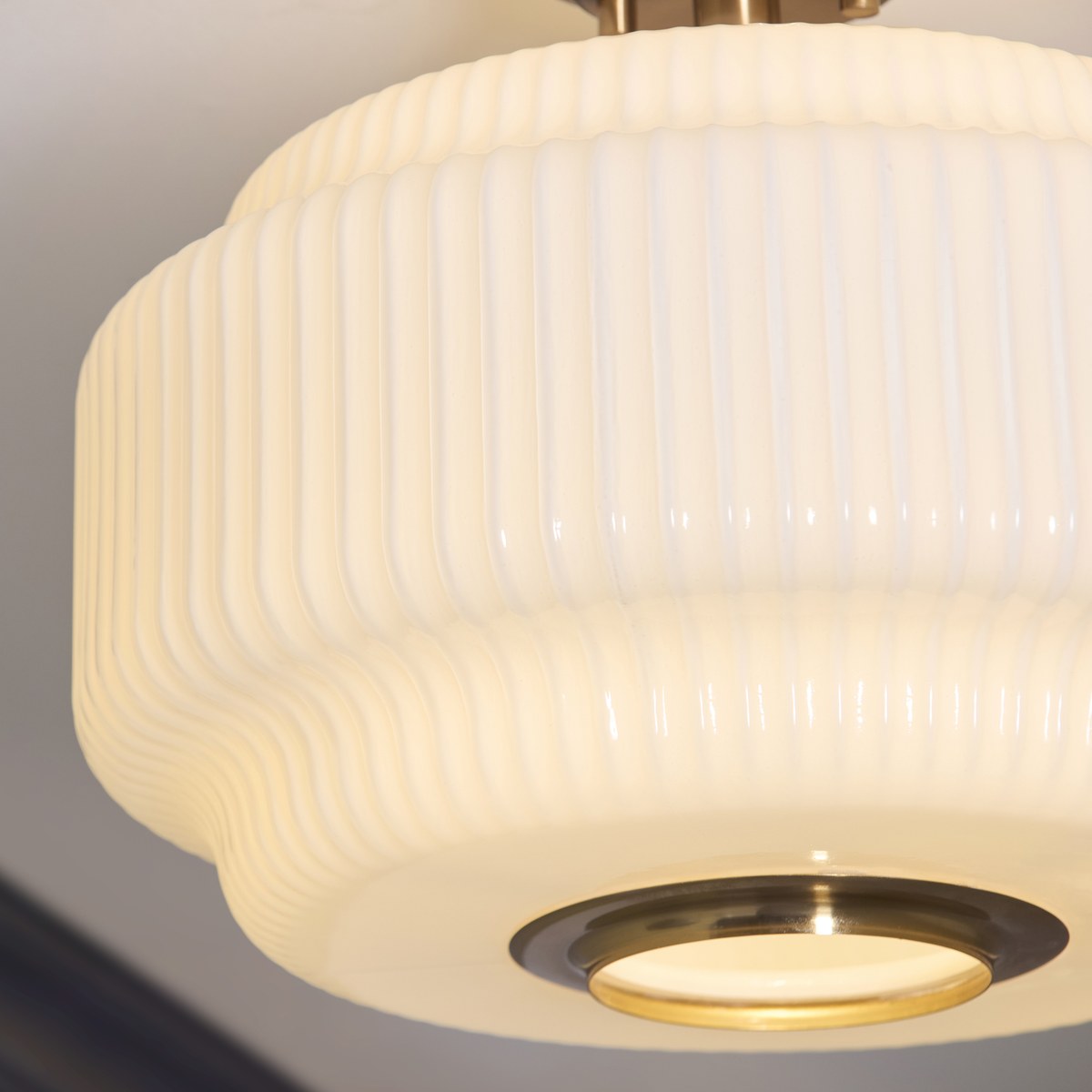 Endon Evora Flush Ceiling Light in Brushed Aged Brass with Opal Ribbed Glass