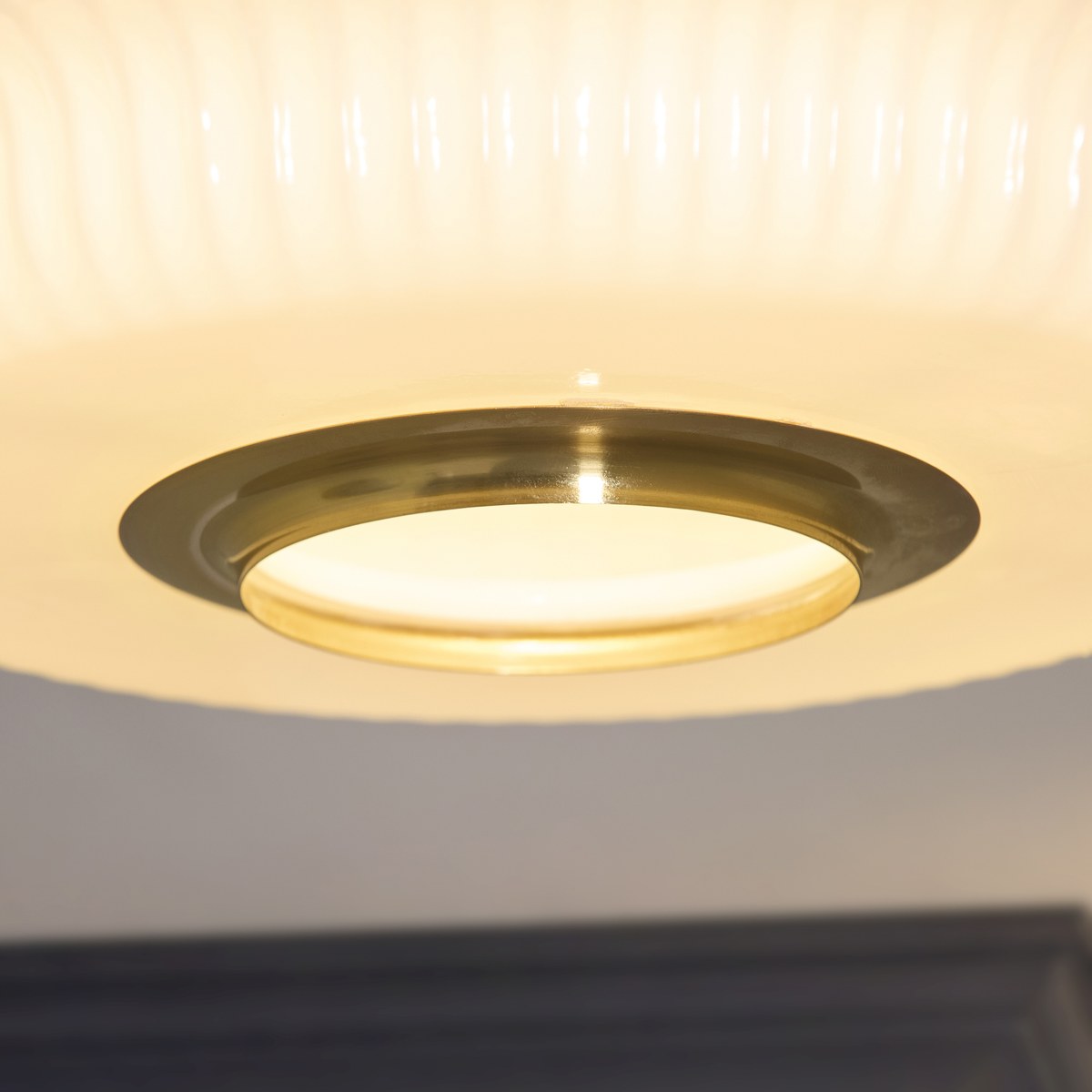 Endon Evora Flush Ceiling Light in Brushed Aged Brass with Opal Ribbed Glass