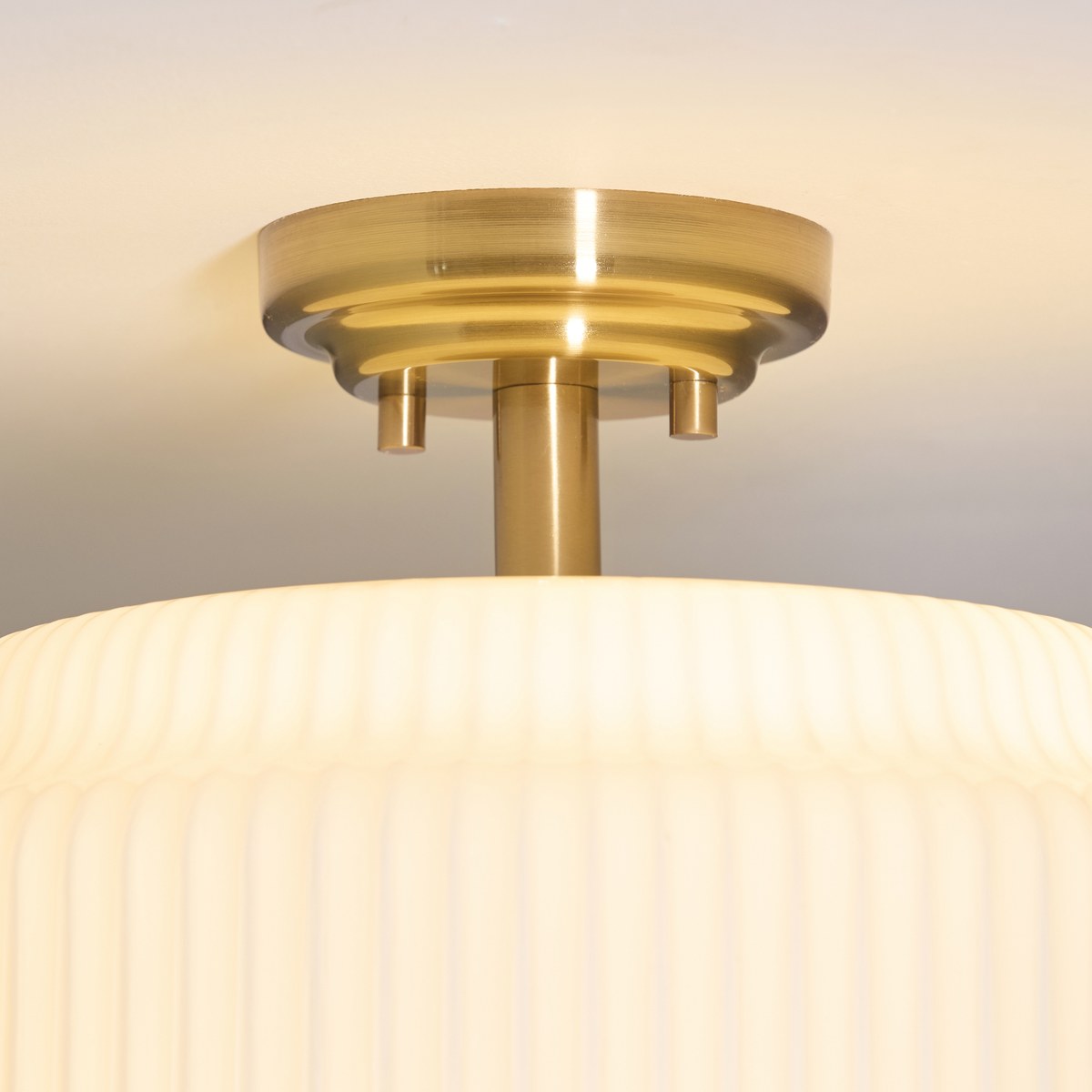 Endon Evora Flush Ceiling Light in Brushed Aged Brass with Opal Ribbed Glass