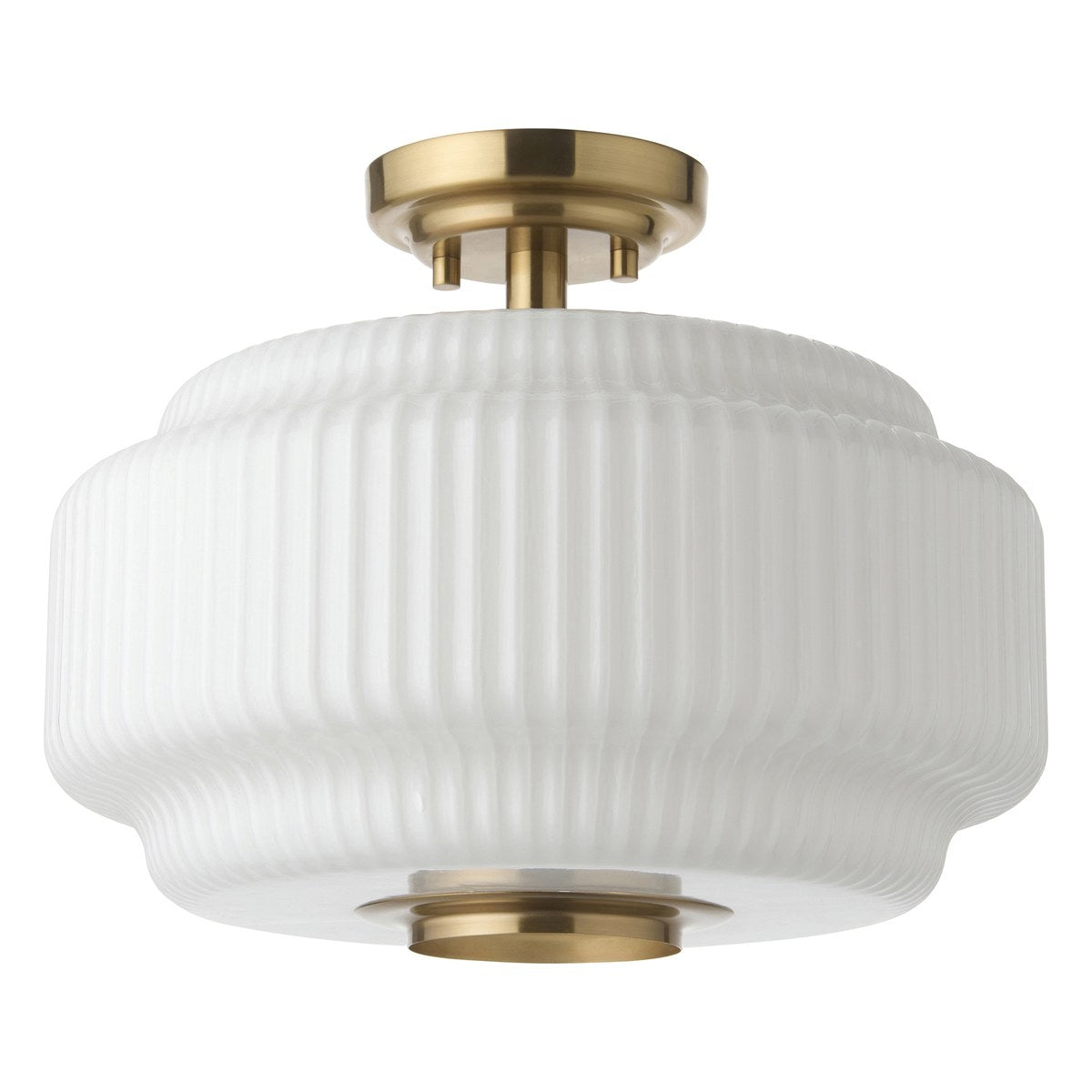 Endon Evora Flush Ceiling Light in Brushed Aged Brass with Opal Ribbed Glass