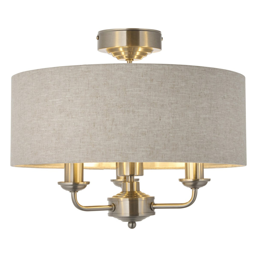 Endon Highclere 3 Light Flush Ceiling Light in Brushed Chrome with Natural Linen Shade