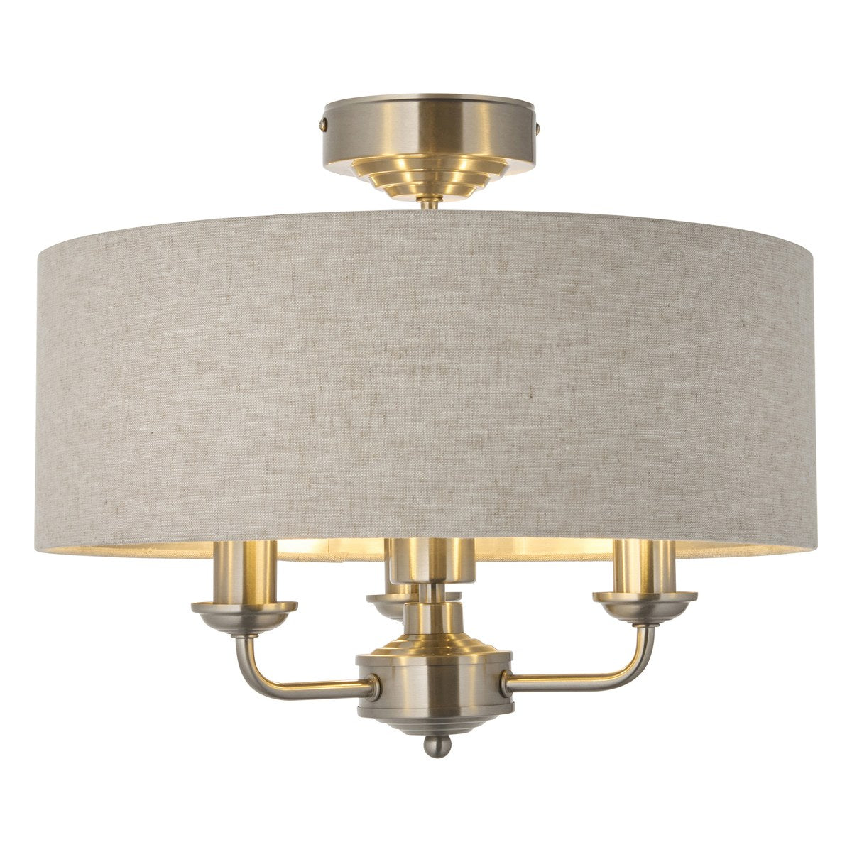 Endon Highclere 3 Light Flush Ceiling Light in Brushed Chrome with Natural Linen Shade