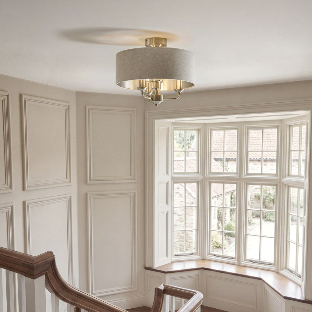 Endon Highclere 3 Light Flush Ceiling Light in Brushed Chrome with Natural Linen Shade