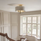 Endon Highclere 3 Light Flush Ceiling Light in Brushed Chrome with Natural Linen Shade