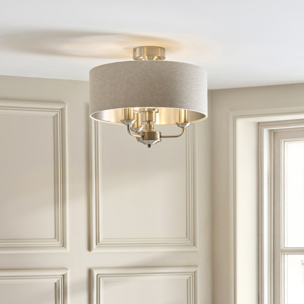 Endon Highclere 3 Light Flush Ceiling Light in Brushed Chrome with Natural Linen Shade