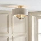 Endon Highclere 3 Light Flush Ceiling Light in Brushed Chrome with Natural Linen Shade