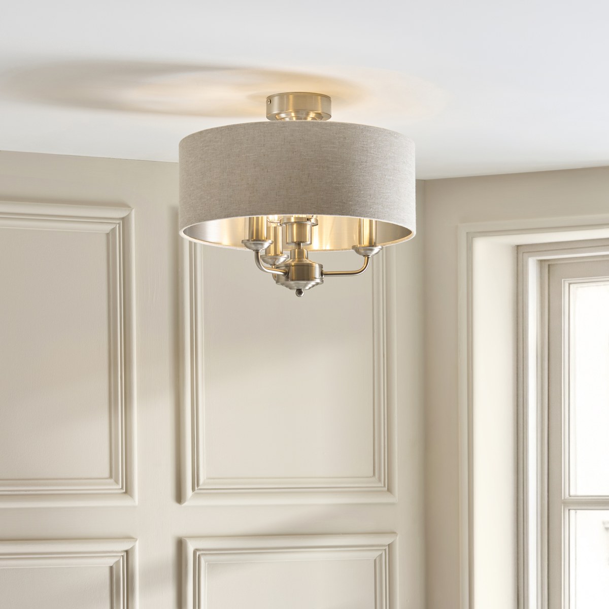 Endon Highclere 3 Light Flush Ceiling Light in Brushed Chrome with Natural Linen Shade
