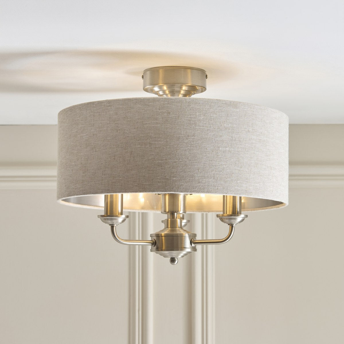 Endon Highclere 3 Light Flush Ceiling Light in Brushed Chrome with Natural Linen Shade