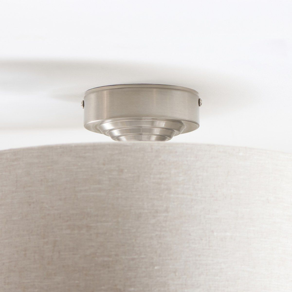 Endon Highclere 3 Light Flush Ceiling Light in Brushed Chrome with Natural Linen Shade