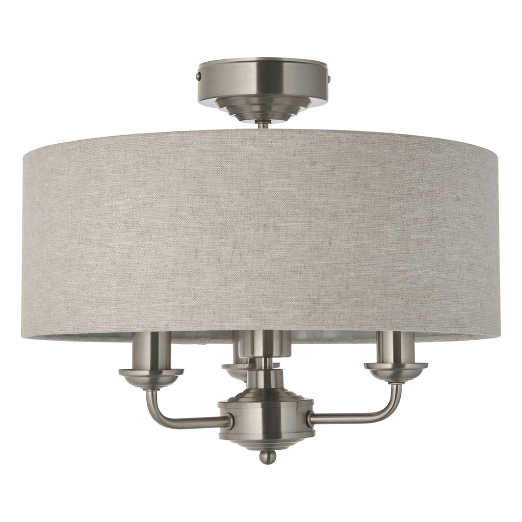 Endon Highclere 3 Light Flush Ceiling Light in Brushed Chrome with Natural Linen Shade