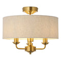 Endon Highclere 3 Light Flush Ceiling Light in Vintage Brass with Natural Linen Shade