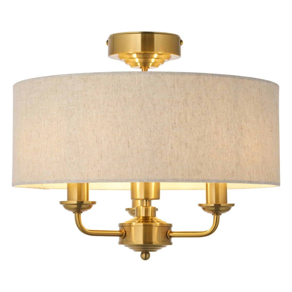 Endon Highclere 3 Light Flush Ceiling Light in Vintage Brass with Natural Linen Shade