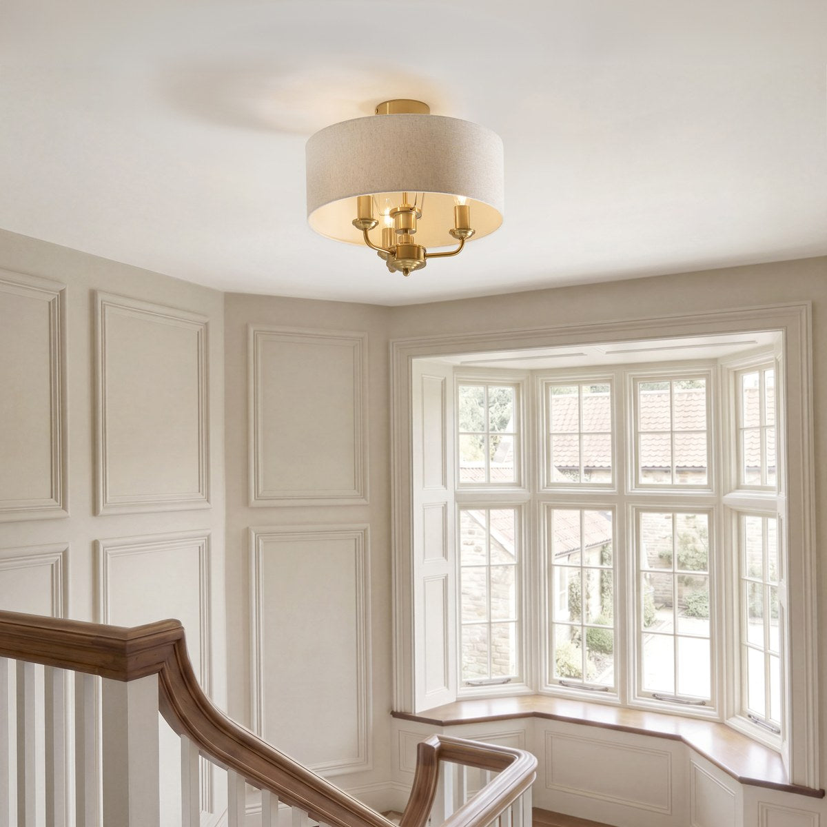 Endon Highclere 3 Light Flush Ceiling Light in Vintage Brass with Natural Linen Shade
