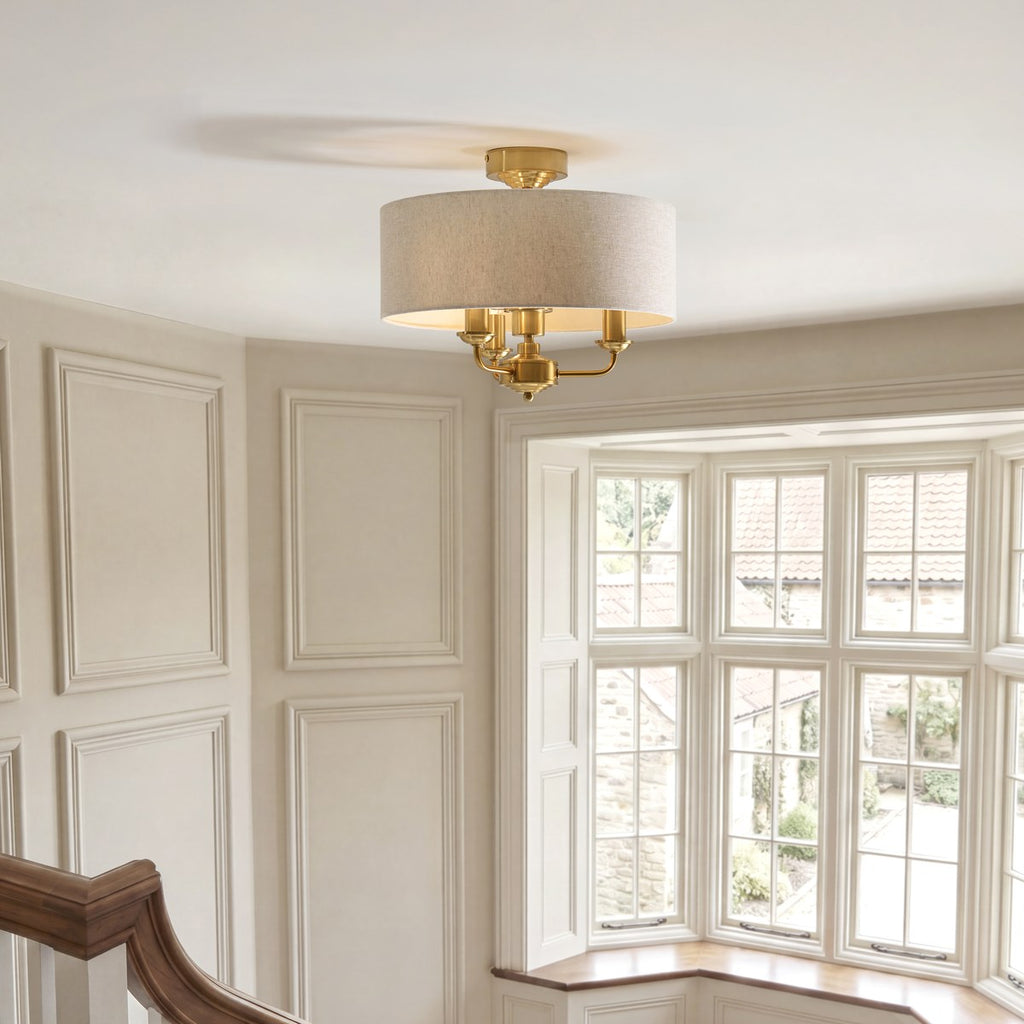 Endon Highclere 3 Light Flush Ceiling Light in Vintage Brass with Natural Linen Shade
