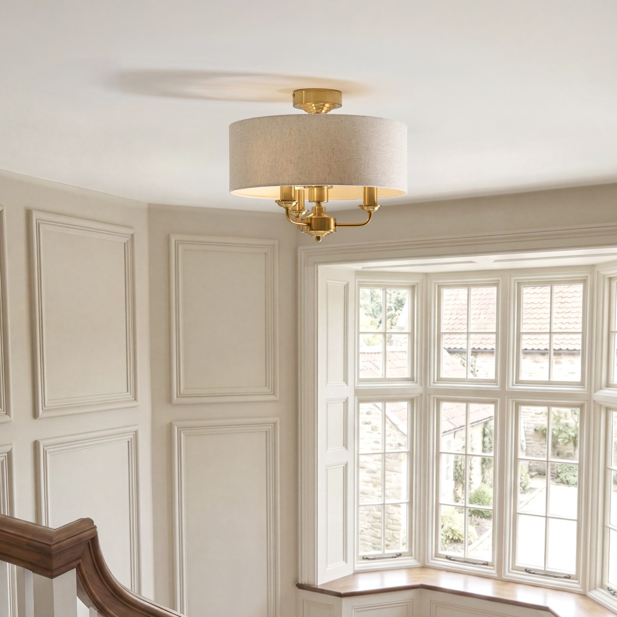 Endon Highclere 3 Light Flush Ceiling Light in Vintage Brass with Natural Linen Shade