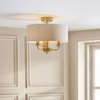 Endon Highclere 3 Light Flush Ceiling Light in Vintage Brass with Natural Linen Shade