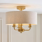 Endon Highclere 3 Light Flush Ceiling Light in Vintage Brass with Natural Linen Shade