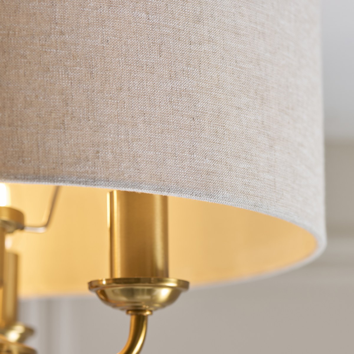 Endon Highclere 3 Light Flush Ceiling Light in Vintage Brass with Natural Linen Shade