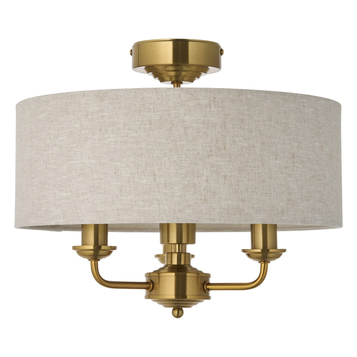 Endon Highclere 3 Light Flush Ceiling Light in Vintage Brass with Natural Linen Shade