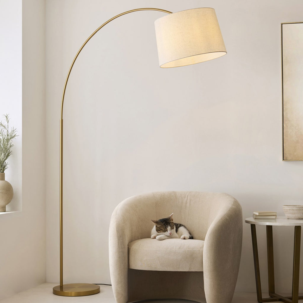 Endon Carlson XL Floor Lamp in Warm Brass with Natural Fabric Shade