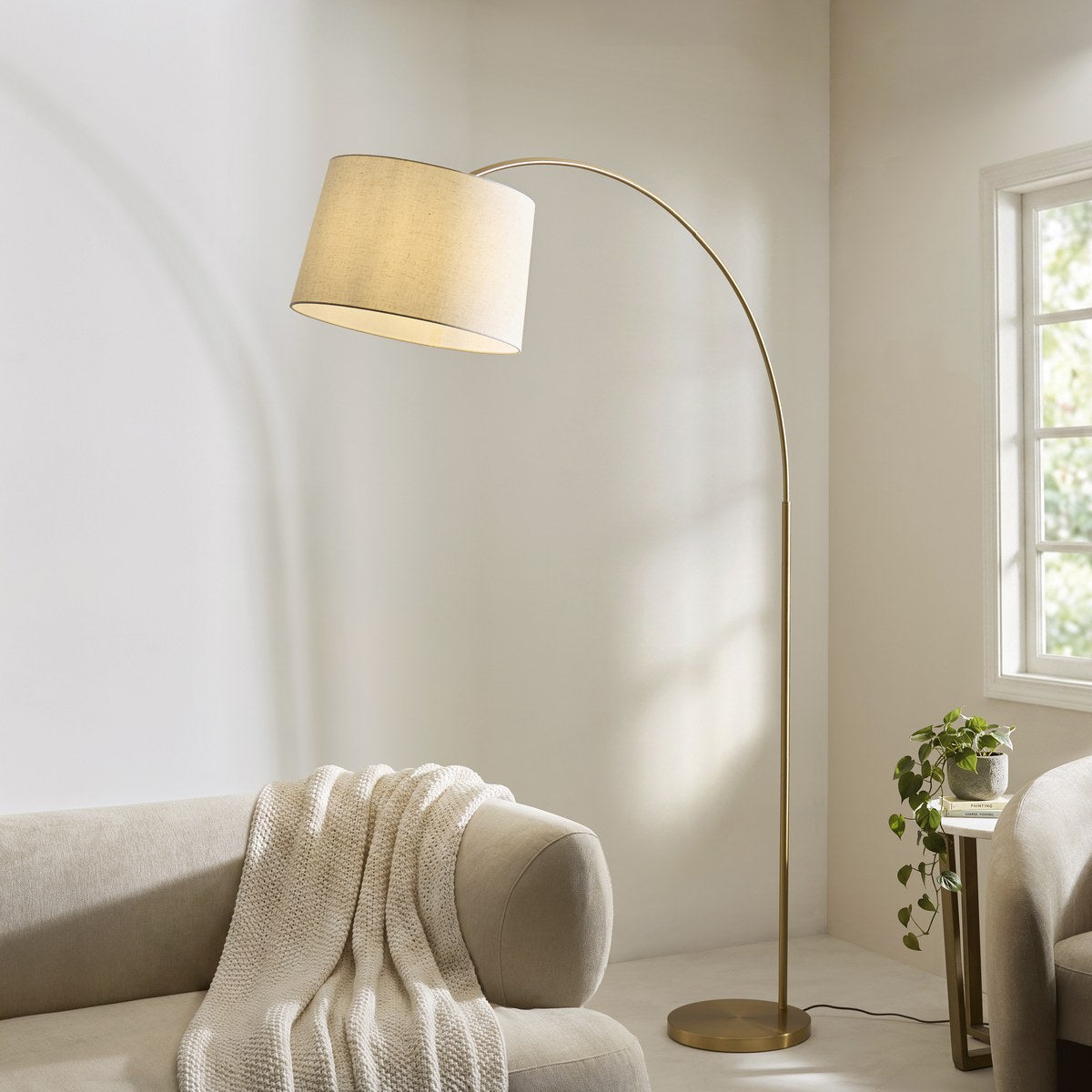 Endon Carlson XL Floor Lamp in Warm Brass with Natural Fabric Shade