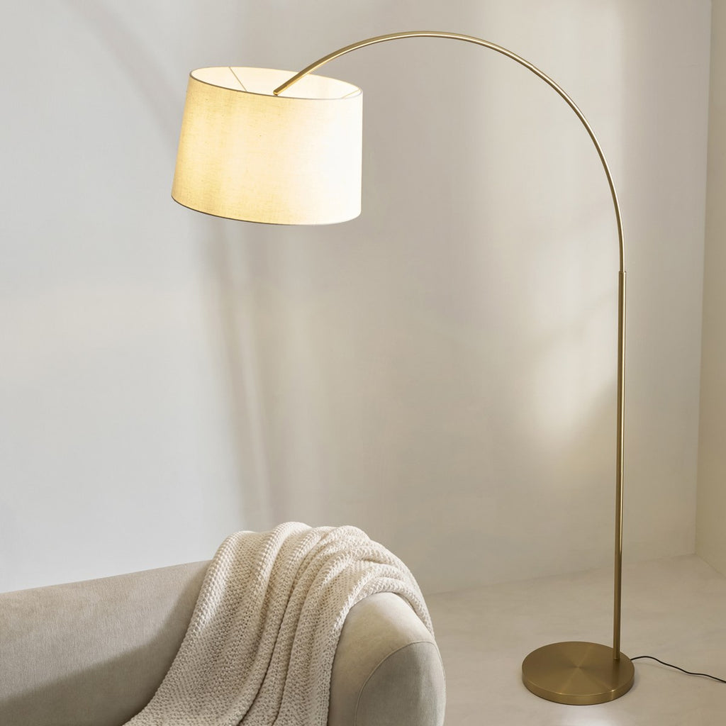 Endon Carlson XL Floor Lamp in Warm Brass with Natural Fabric Shade