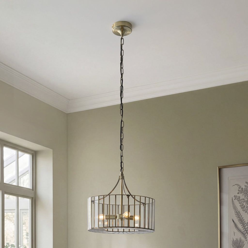Endon Antalya 3 Light Pendant Light in Antique Brass with Clear Glass