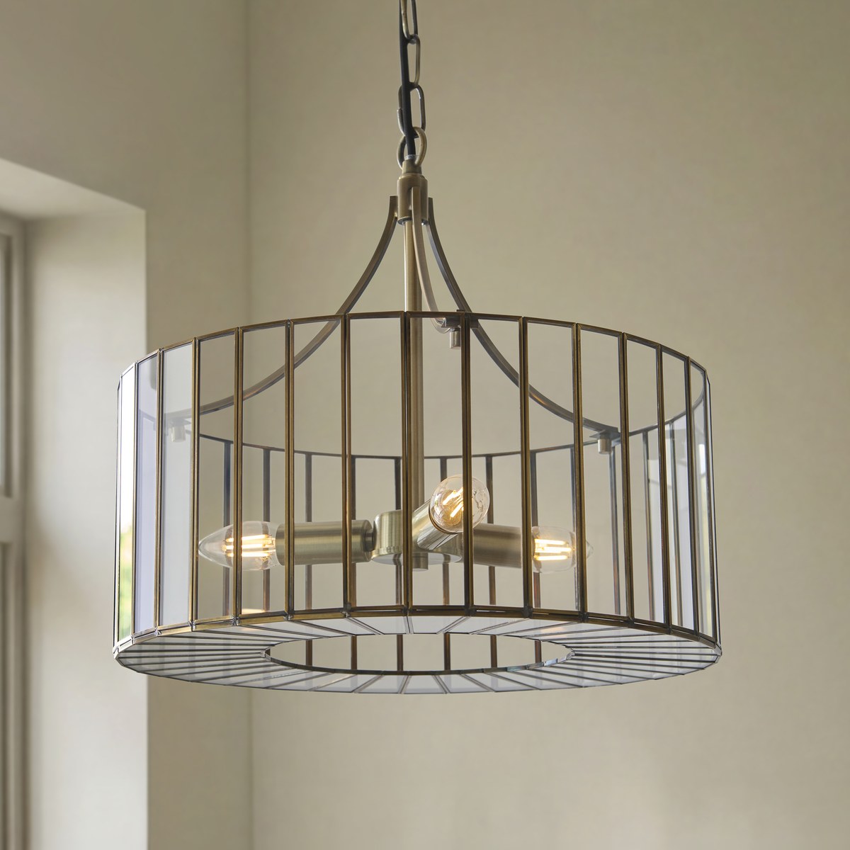 Endon Antalya 3 Light Pendant Light in Antique Brass with Clear Glass