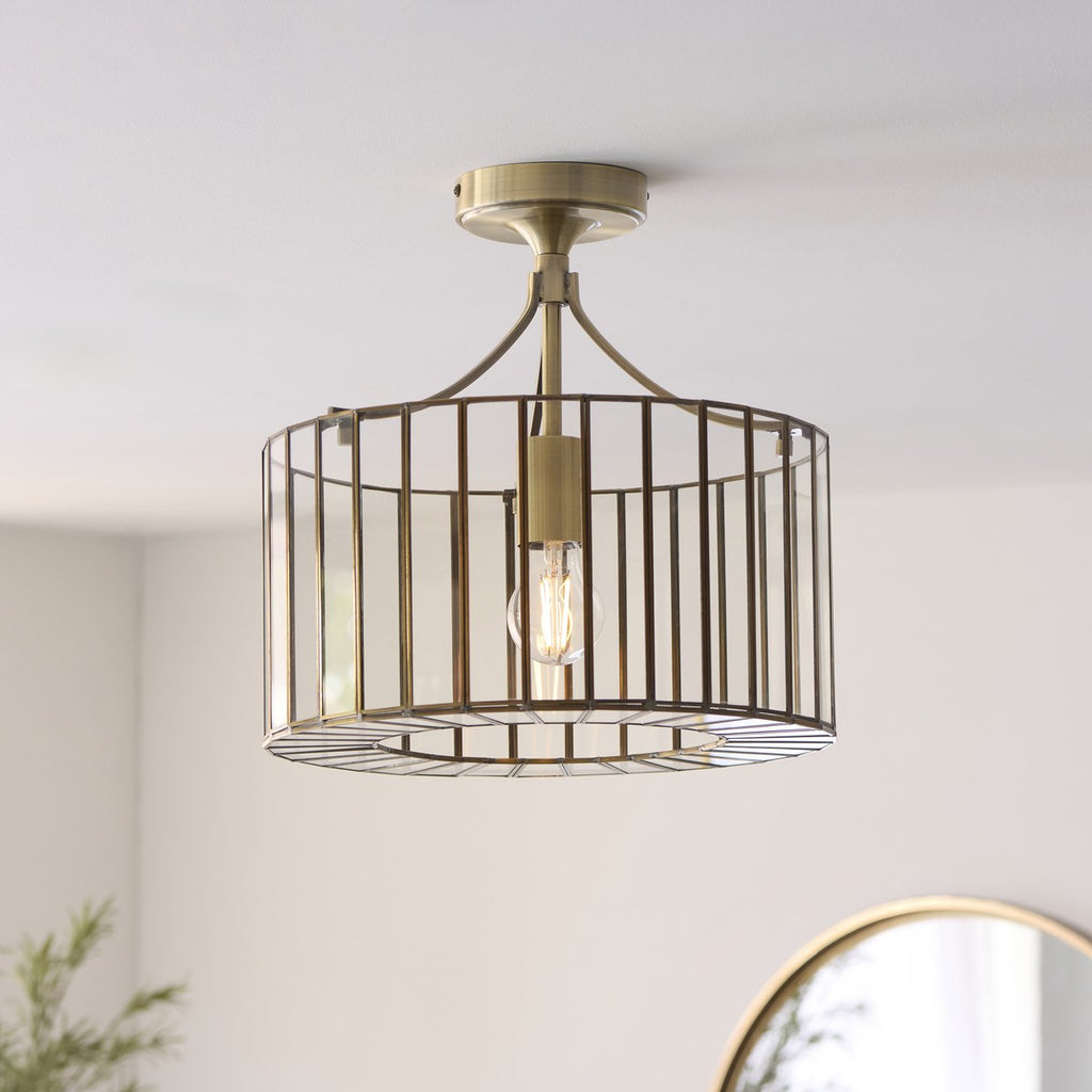 Endon Antalya Flush Ceiling Light in Antique Brass with Clear Glass