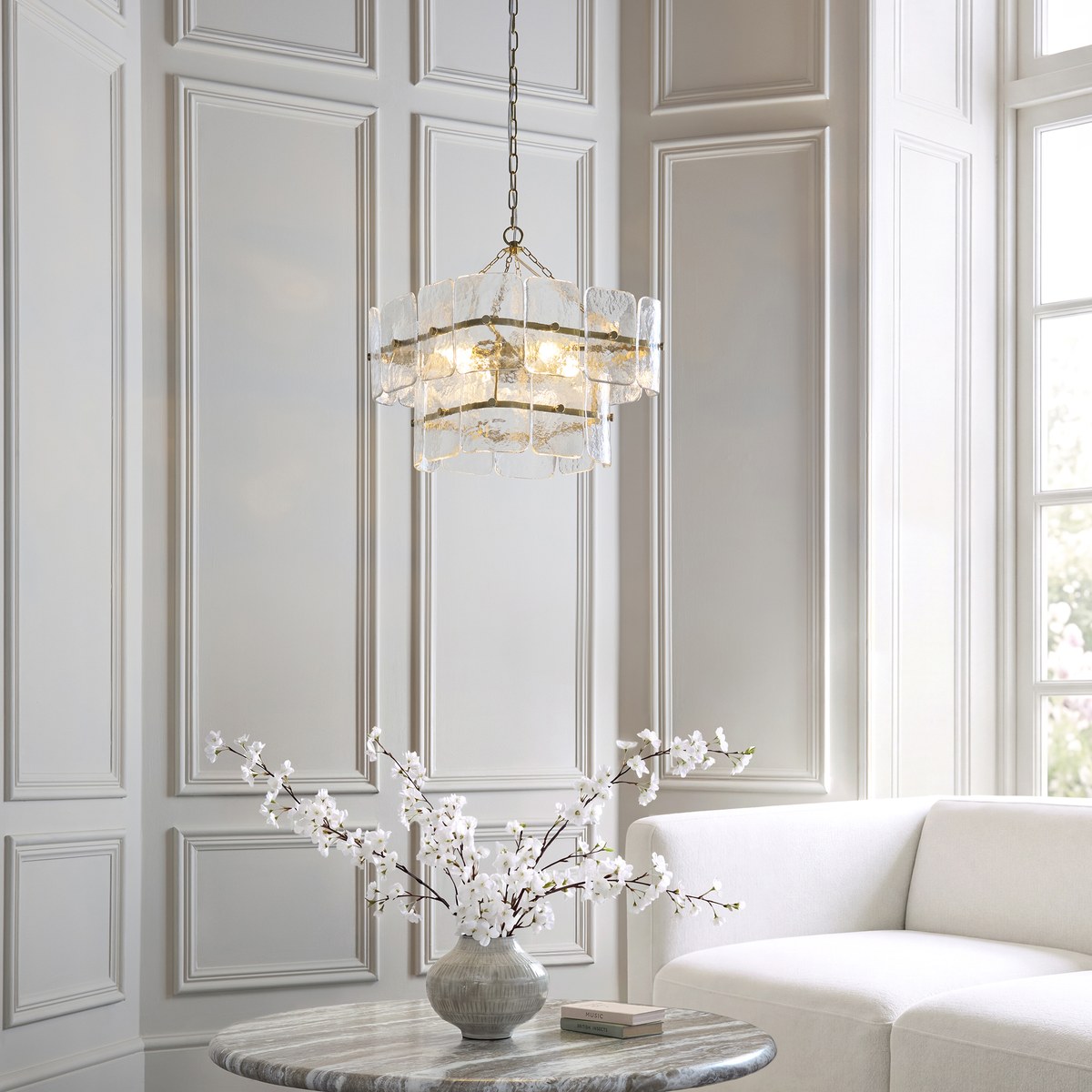 Endon Venice 4 Light Pendant Light in Brushed Aged Brass with Clear Textured Glass