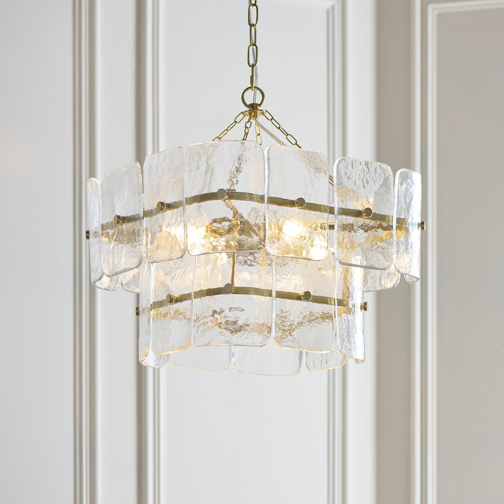 Endon Venice 4 Light Pendant Light in Brushed Aged Brass with Clear Textured Glass