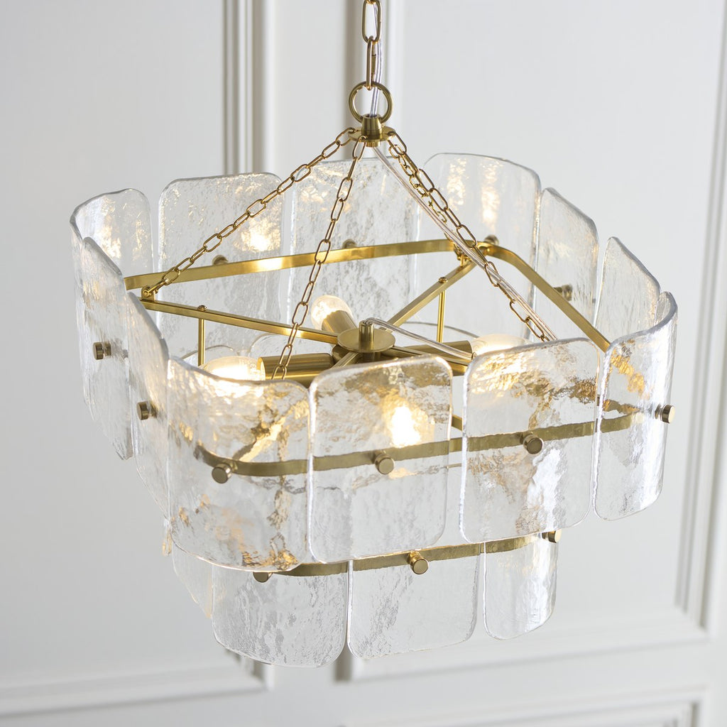 Endon Venice 4 Light Pendant Light in Brushed Aged Brass with Clear Textured Glass