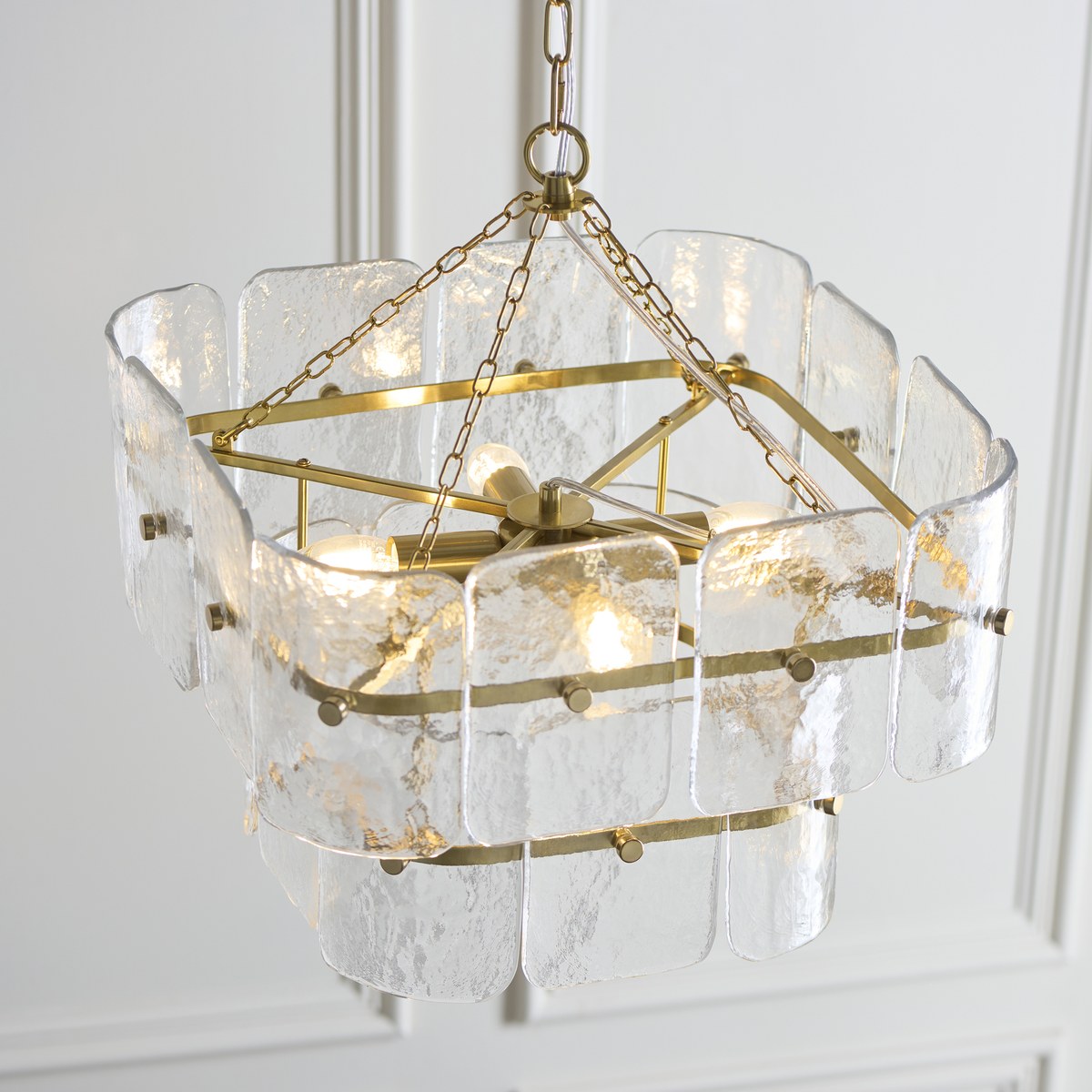 Endon Venice 4 Light Pendant Light in Brushed Aged Brass with Clear Textured Glass