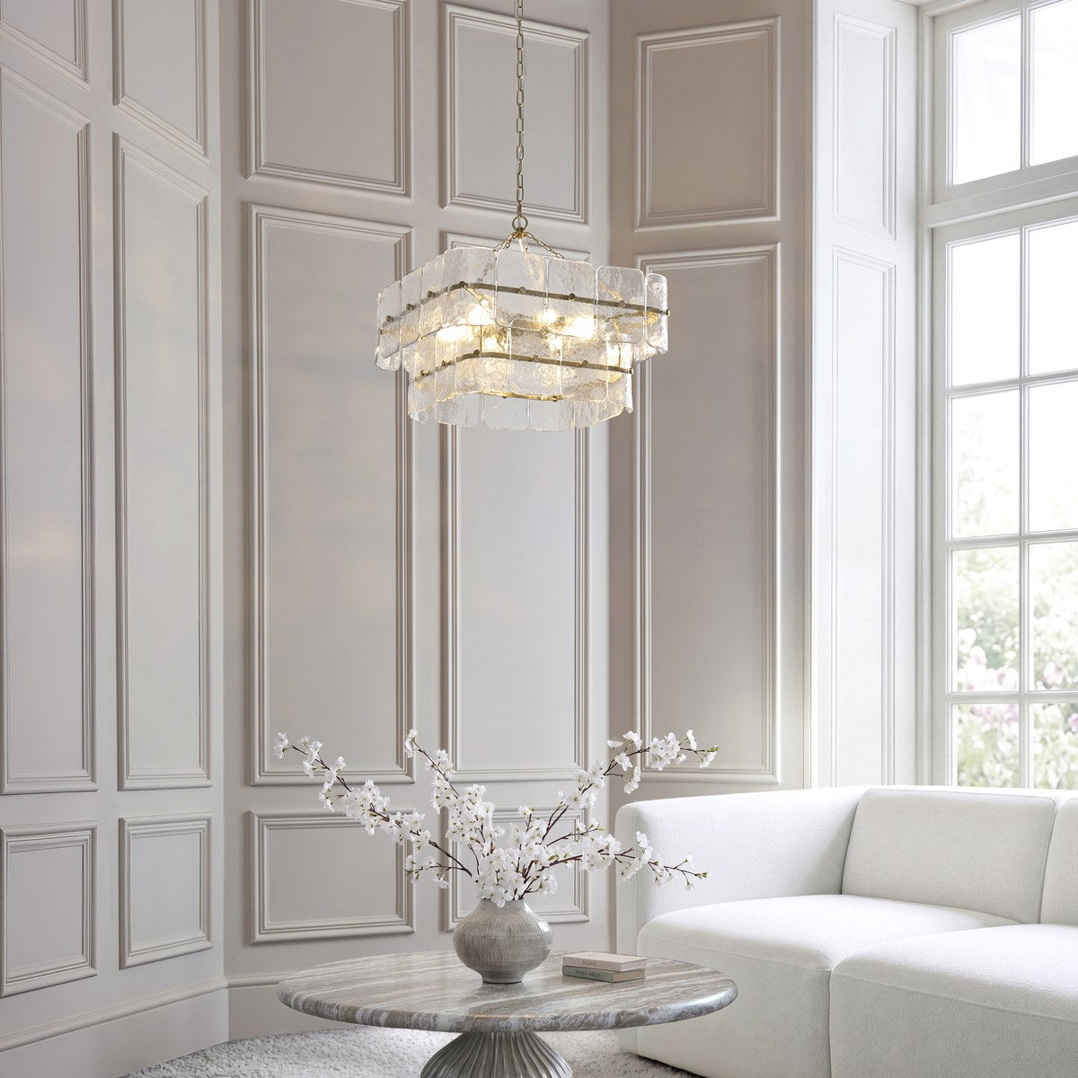 Endon Venice 6 Light Pendant Light in Brushed Aged Brass with Clear Textured Glass