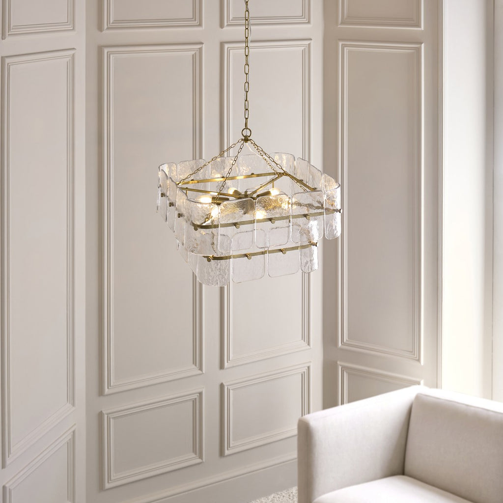 Endon Venice 6 Light Pendant Light in Brushed Aged Brass with Clear Textured Glass