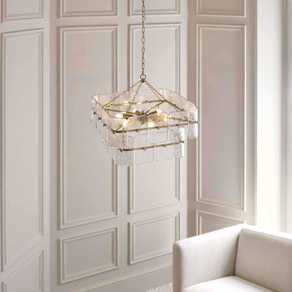 Endon Venice 6 Light Pendant Light in Brushed Aged Brass with Clear Textured Glass