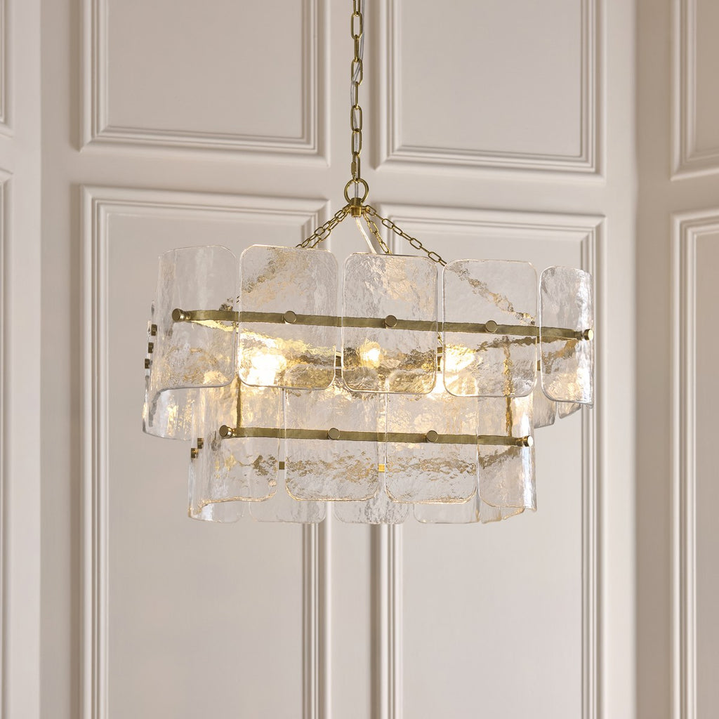 Endon Venice 6 Light Pendant Light in Brushed Aged Brass with Clear Textured Glass
