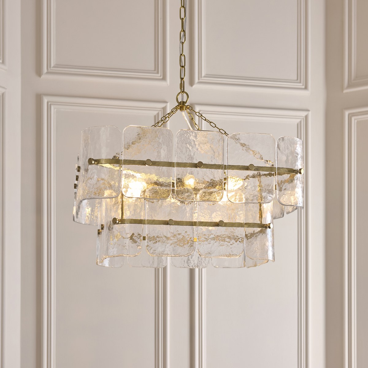 Endon Venice 6 Light Pendant Light in Brushed Aged Brass with Clear Textured Glass